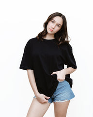 Black - Solid - T-TAM Unisex Oversized Crew Neck Cotton Short Sleeve Printed Letter T-Shirt, 100% Soft Cotton