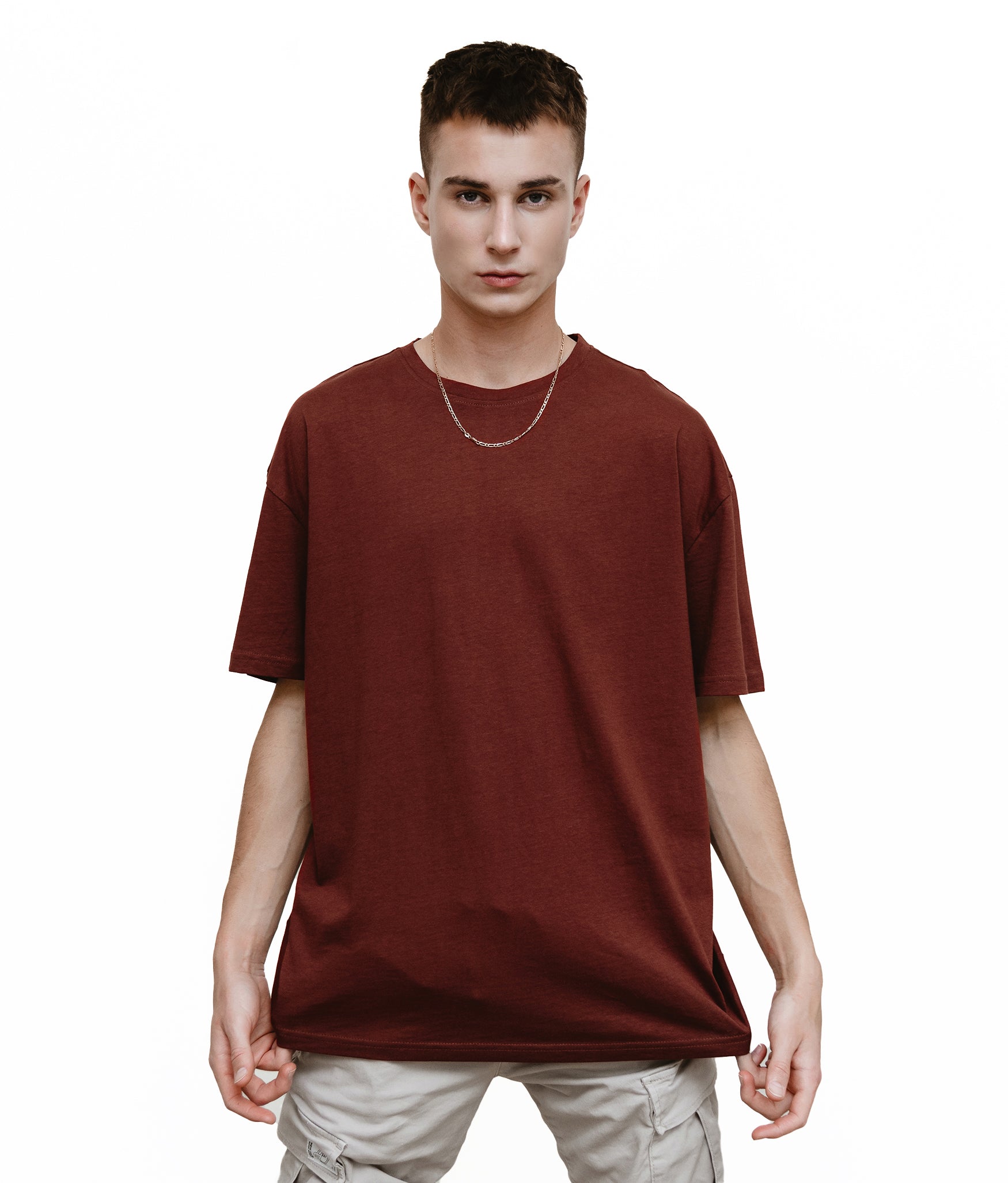 Maroon - Solid - T-TAM Unisex Oversized Crew Neck Cotton Short Sleeve Printed Letter T-Shirt, 100% Soft Cotton