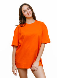 Orange - Solid - T-TAM Unisex Oversized Crew Neck Cotton Short Sleeve Printed Letter T-Shirt, 100% Soft Cotton