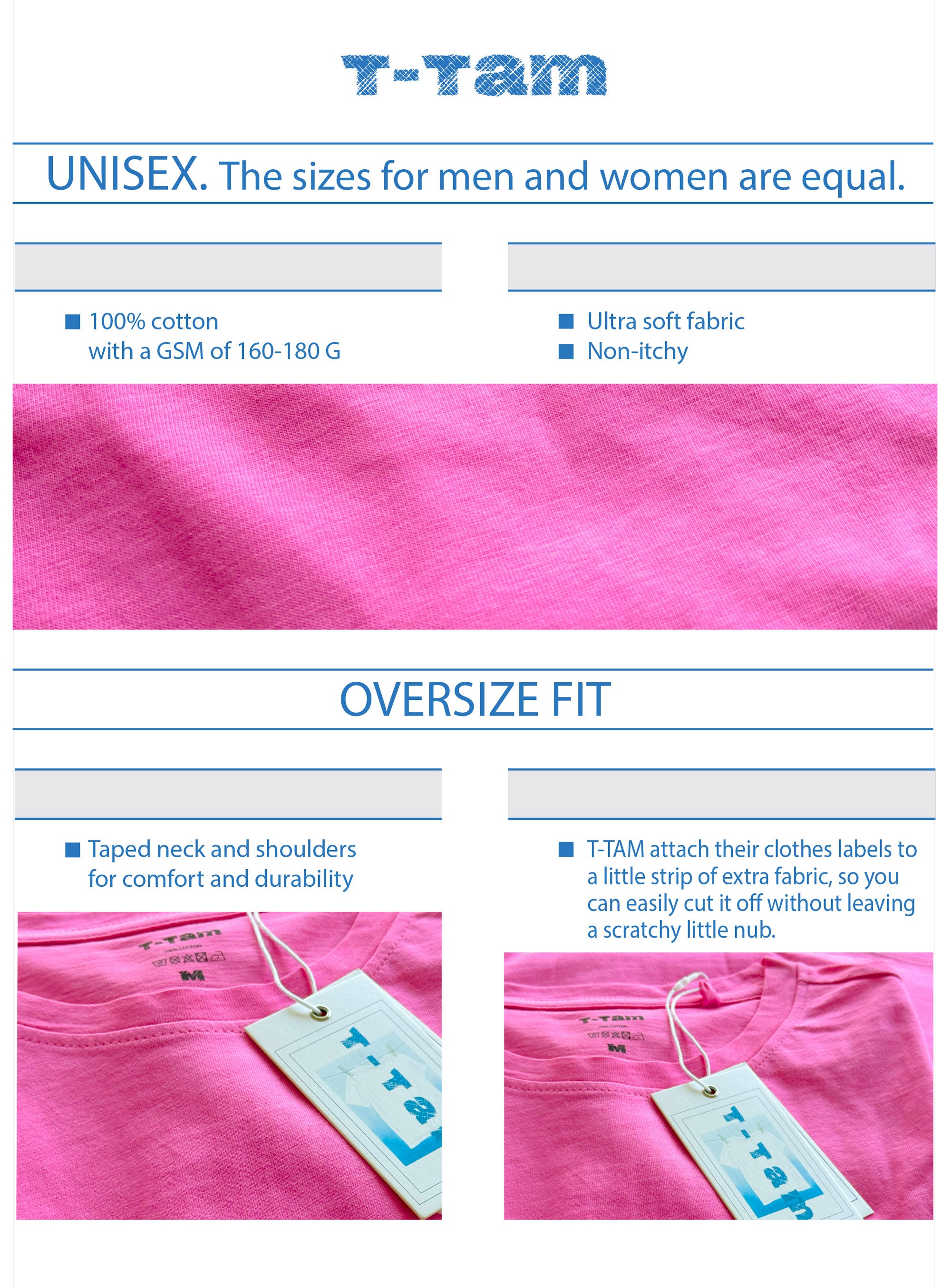 Pink - Basic - Solid- No Print- T-TAM Unisex Oversized Crew Neck Cotton Short Sleeve T-Shirt, 100% Soft Cotton