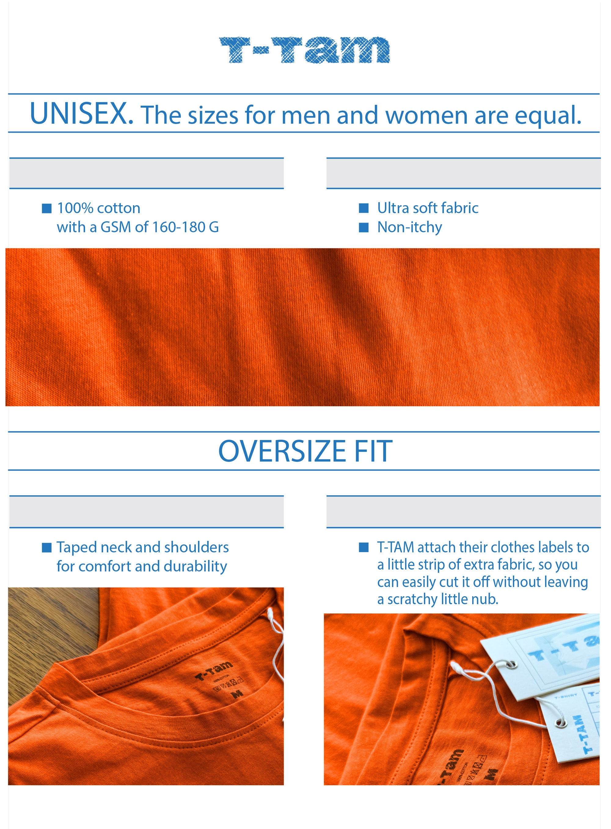 Orange -Basic- Solid - No Print- T-TAM Unisex Oversized Crew Neck Cotton Short Sleeve T-Shirt, 100% Soft Cotton