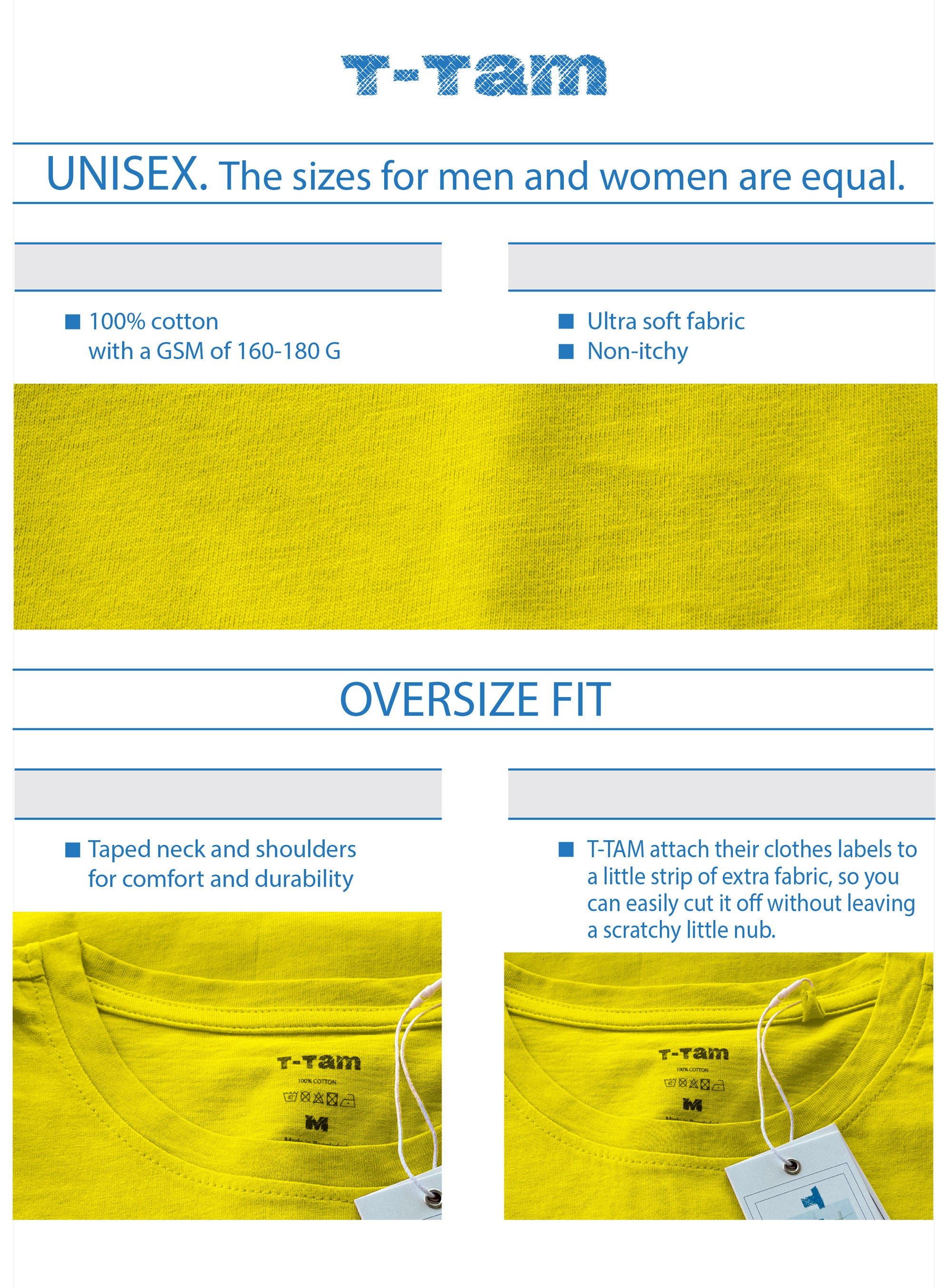 Yellow -Basic- Solid - No Print- T-TAM Unisex Oversized Crew Neck Cotton Short Sleeve T-Shirt, 100% Soft Cotton