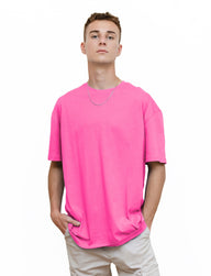 Pink - Basic - Solid- No Print- T-TAM Unisex Oversized Crew Neck Cotton Short Sleeve T-Shirt, 100% Soft Cotton