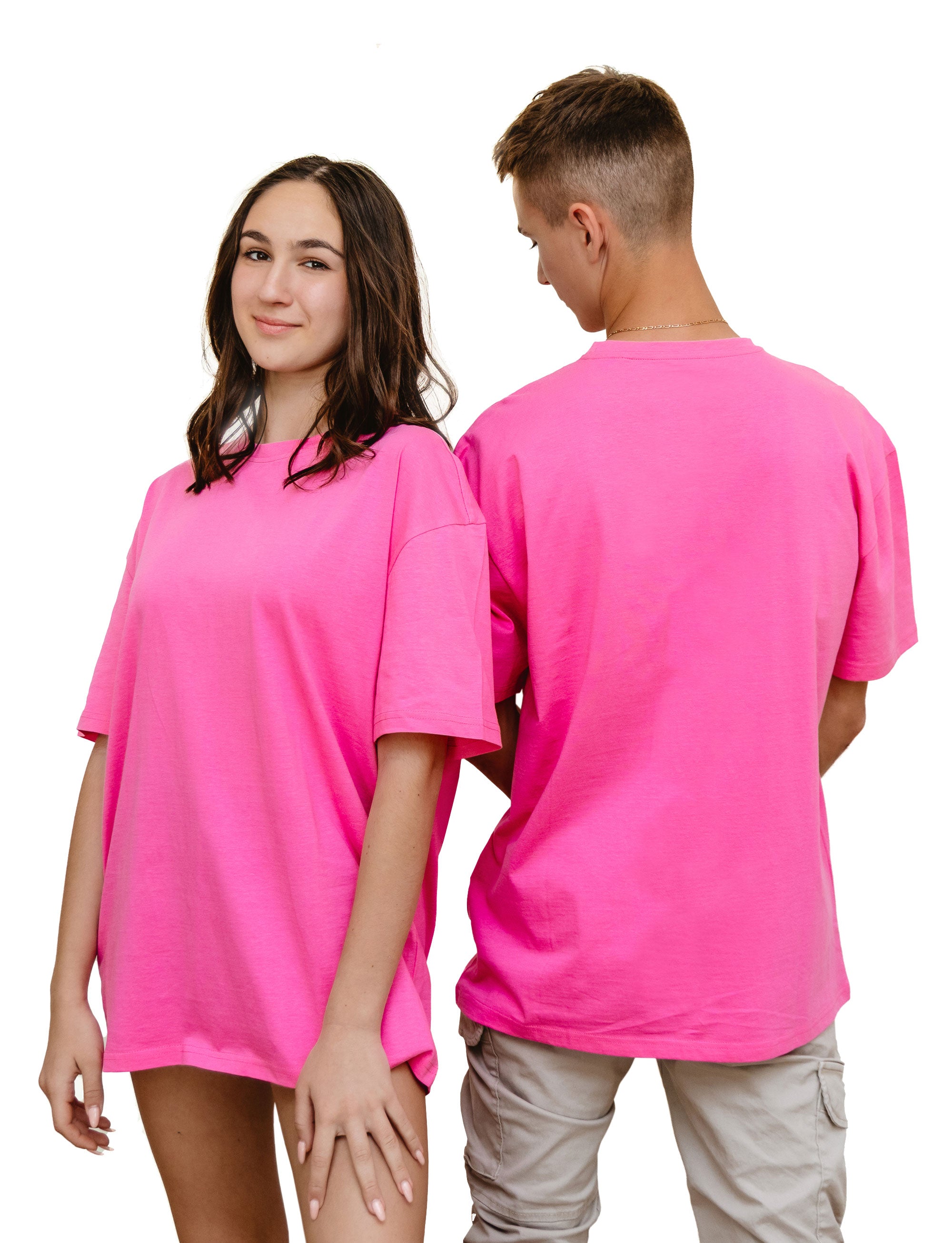 Pink - Basic - Solid- No Print- T-TAM Unisex Oversized Crew Neck Cotton Short Sleeve T-Shirt, 100% Soft Cotton